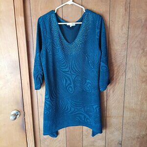 Indigo Soul Women’s Teal Tunic Top M 3/4 Sleeve Rhinestone V-Neck Stretch Boho